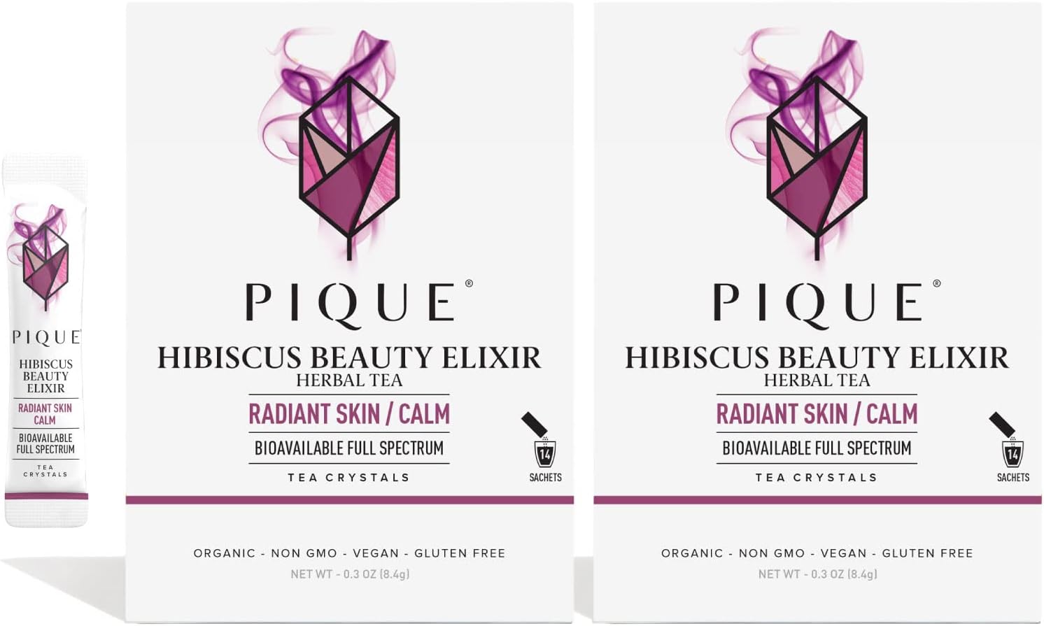 Pique Organic Hibiscus Tea Crystals - Powerful Antioxidants and Caffeine-Free Herbal Tea, Real Egyptian Flower for Glowing Skin - 28 Single Serve Sticks (Pack of 2)