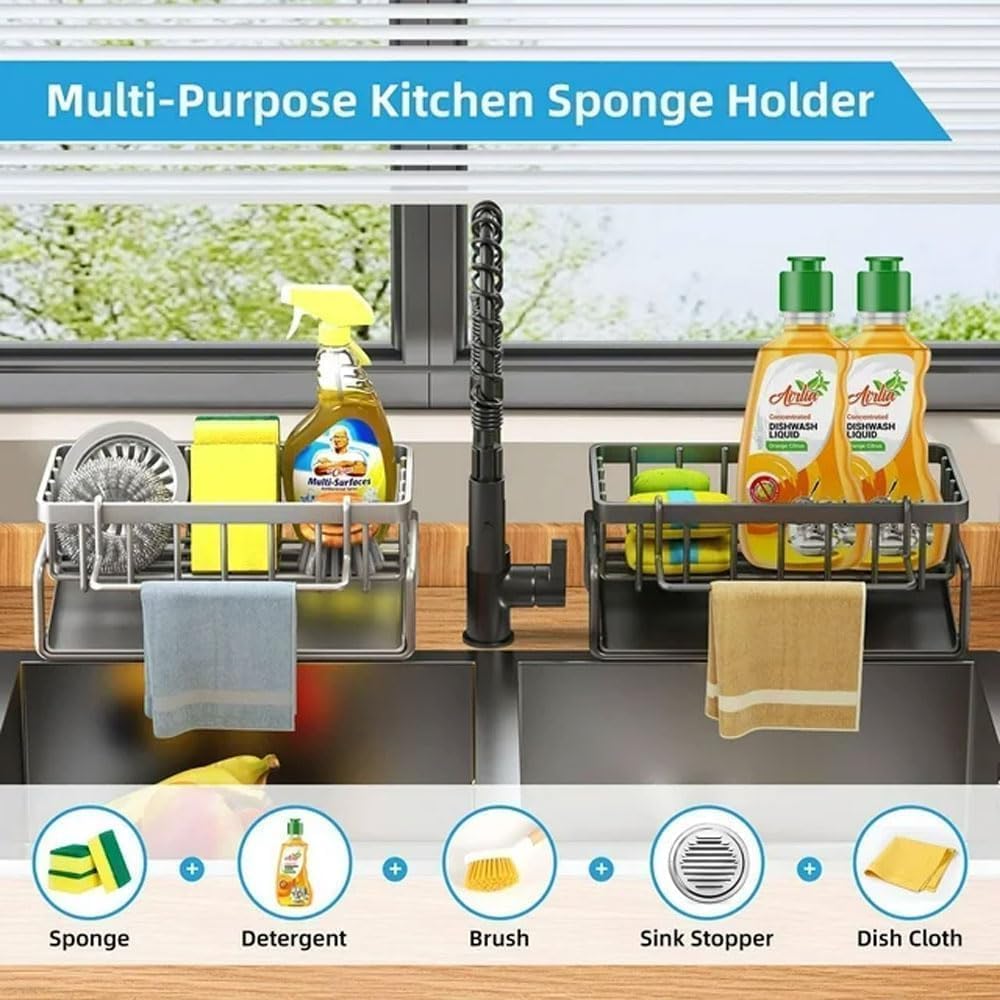 BLUE CRANE Metal Sponge Holder for Kitchen Sink - Auto-Draining Sink Organizer Caddy with Soap Tray, Dish Brush & Towel-Bar Holder, Kitchen Storage Rack (MATTE BLACK) 4
