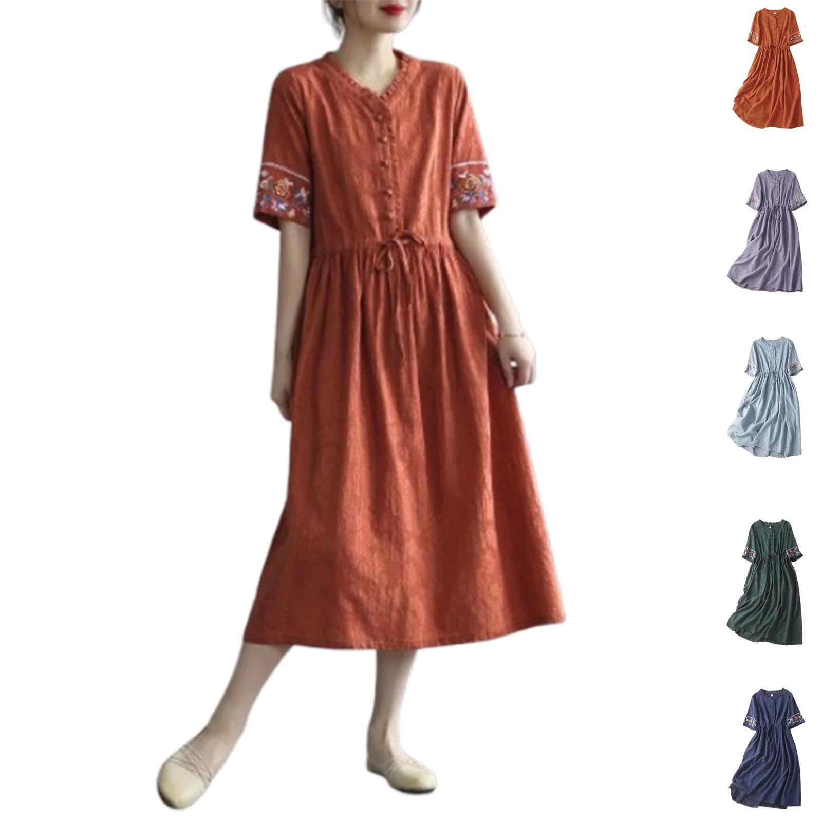 Vestido Largo Casual de Corte A con Mangas Bordadas, Vestido de Verano con Bordado Floral