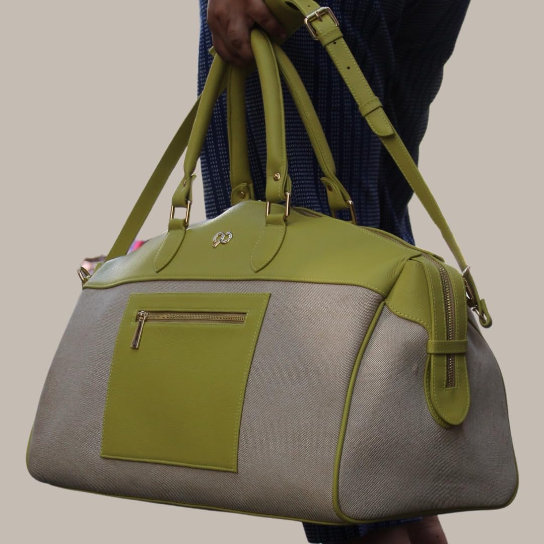 Zyan Lime Green Canvas and Leather Duffle Bag | Weekender Cabin Carryall Travel Bag with Detachable Strap | 90 Feet Handcrafted by Dharavi Market - Image 6