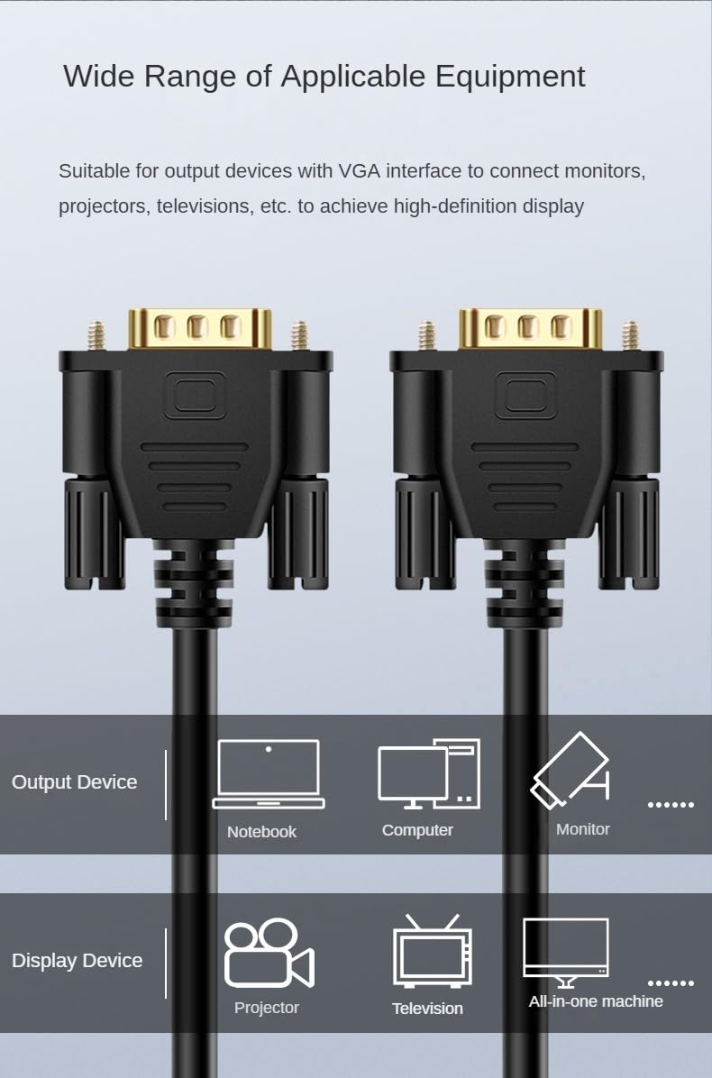 HD VGA (3+6) Male to Male High Resolution 15-Pin Video Connection Cable for PC, Projector, Monitors & TVs (10 Meters)
