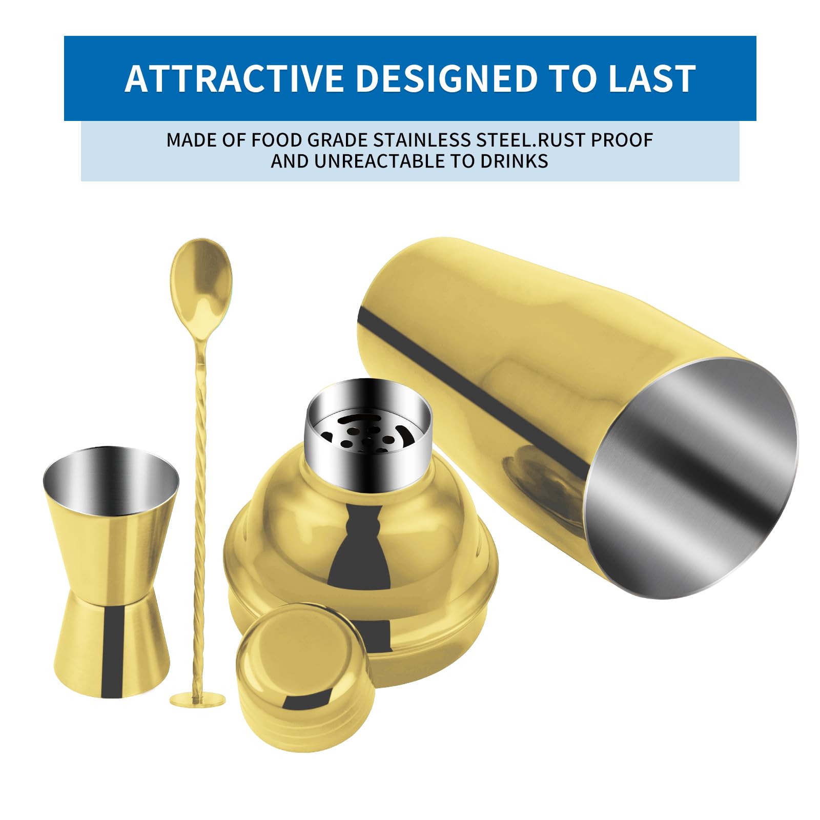 Shaker Da Cocktail Professionale - 680ml, Acciaio Inox, Con Colino E Misurino - Foto 5