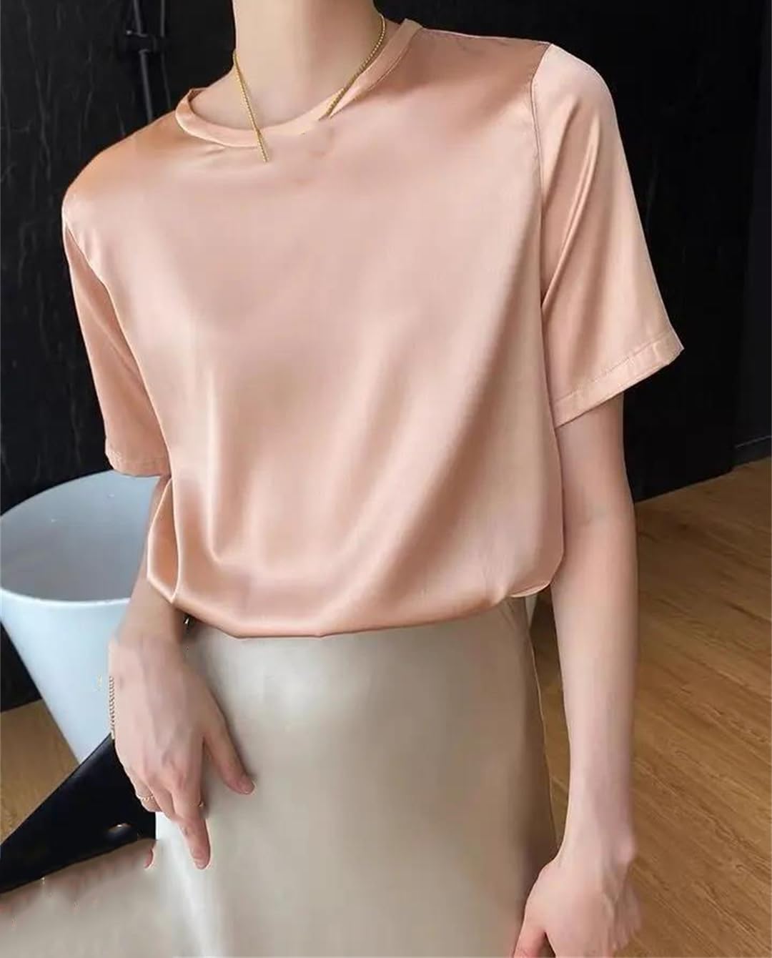 T-shirt da donna in raso di seta a maniche corte stile coreano estate elegante top tinta unita camicia casual allentata