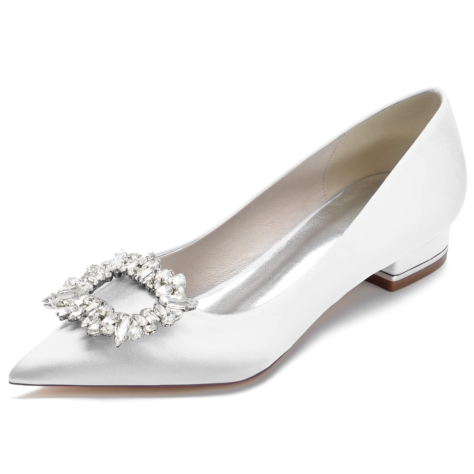 HKMFLYY Pointed Toe Wedding Flats for The Bride Rhinestones Satin Bridal Flats Slip on Prom Evening Party Dress Shoes