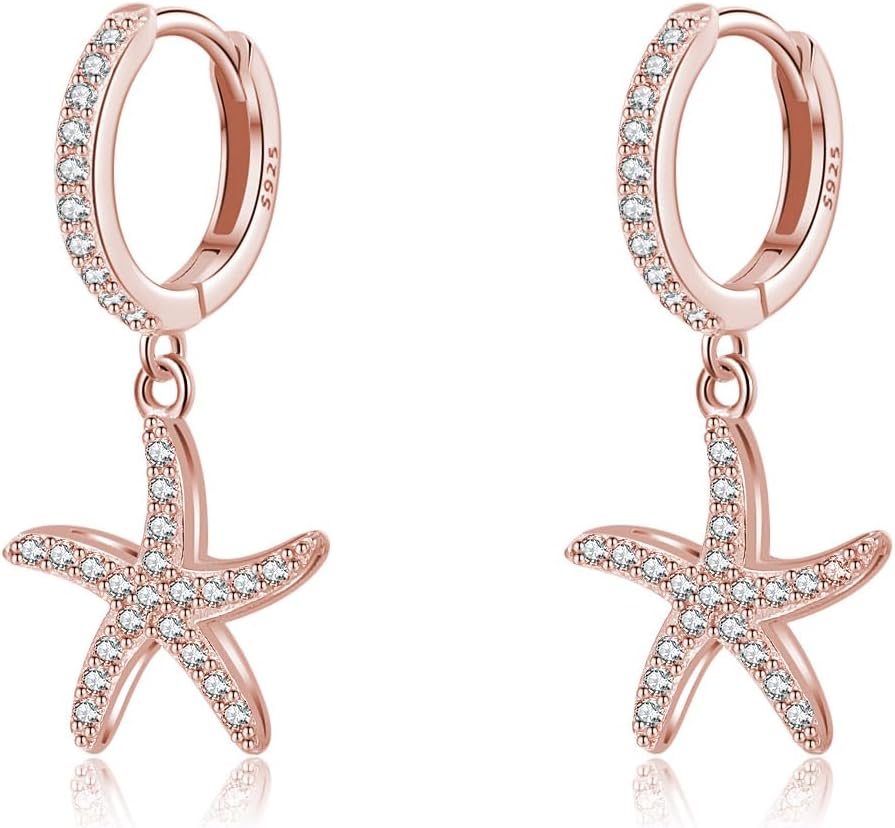 SLUYNZ 925 Sterling Silver CZ Starfish Hoop Earrings for Women Teens Starfish Huggie Earrings Drop for Beach