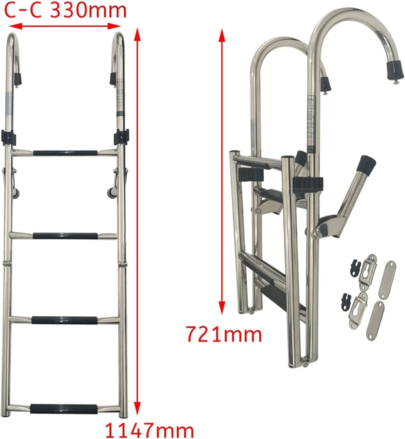 Folding Ladder Boat Marine Pontoon Ladder Polished Stainless Steel 4-Step Yacht Ladder, Boarding Ship Deck Stern Side Ladder, Inboard Swimming Platform