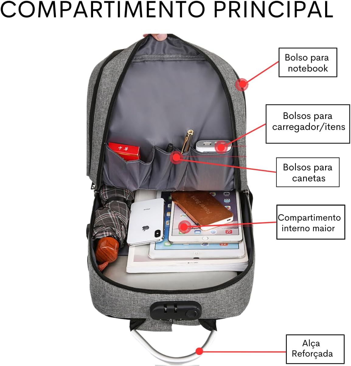 Mochila Executiva Impermeável Usb Senha Resistente Compacta (Cinza)