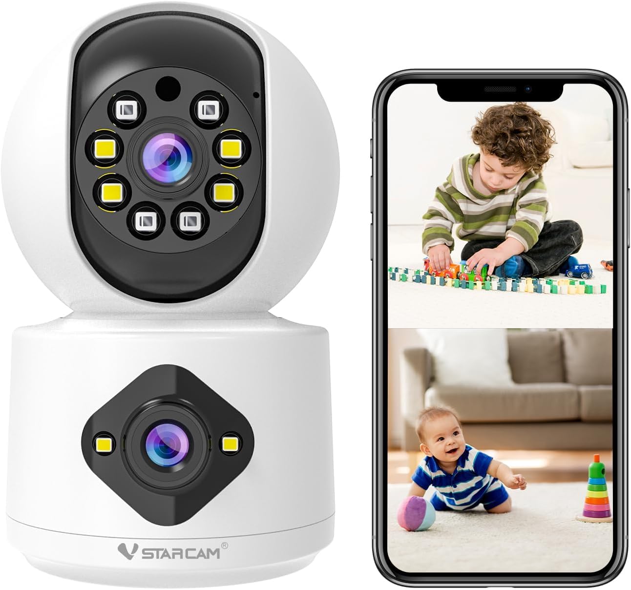 VSTARCAM Cámara 1080P de doble lente, monitor de bebé para mascotas, cámara de seguridad de 360° para interiores con sirena y foco, detección de movimiento, conversación bidireccional, visión nocturna