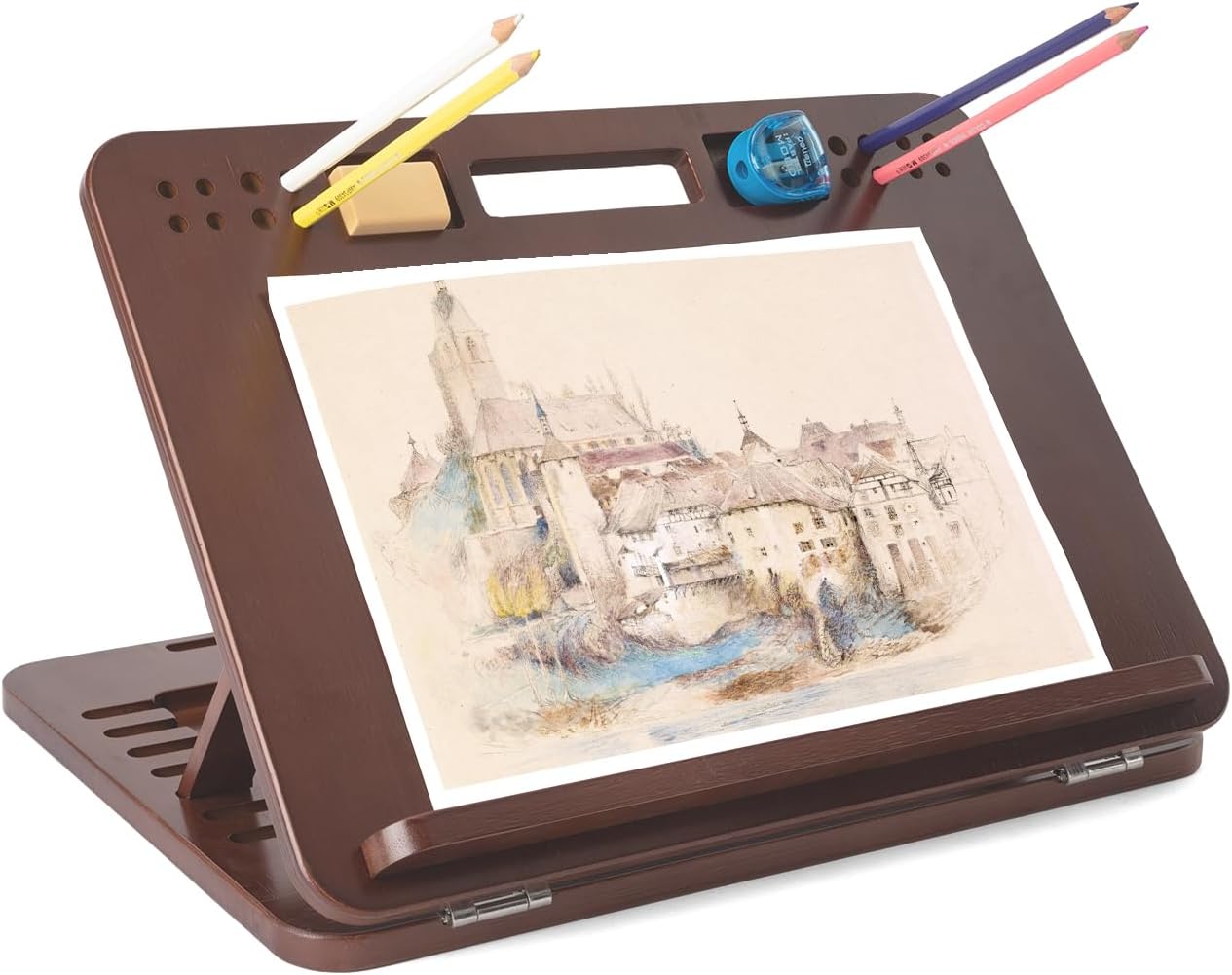 StrongTek Bamboo Table Easel, 16 x 12 Inch Adjustable Drawing Board, 6-Position Desktop Drafting and Sketching Board with Handle and Back Storage for Drawing, Painting, Reading and Writing