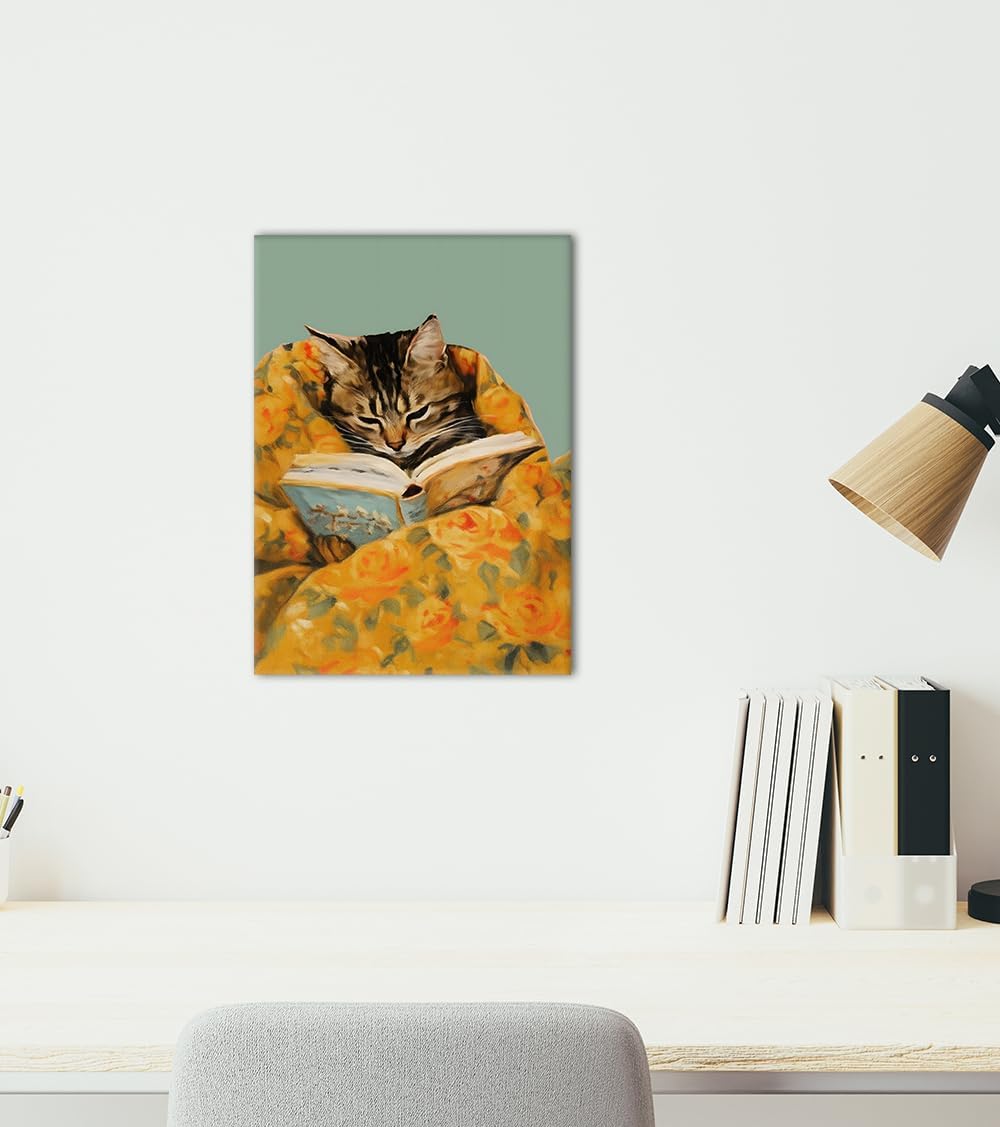 Vintage Whimsical Cat Canvas Wall Art Cute Reading Cat Covered with Quilt Poster Funny Abstract Animal Prints Wall Decor for Apartment Book Lovers Living Room Bedroom Decoration 12x16inch