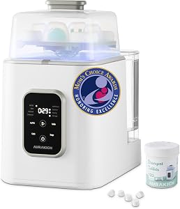 Lave-biberons, stérilisateur et séchoir | Machine de nettoyage pro tout-en-un avec bras de pulvérisation en forme d'arête de poisson, mode AUTO et auto-nettoyage, double entrée d'eau pour biberons, tire-lait