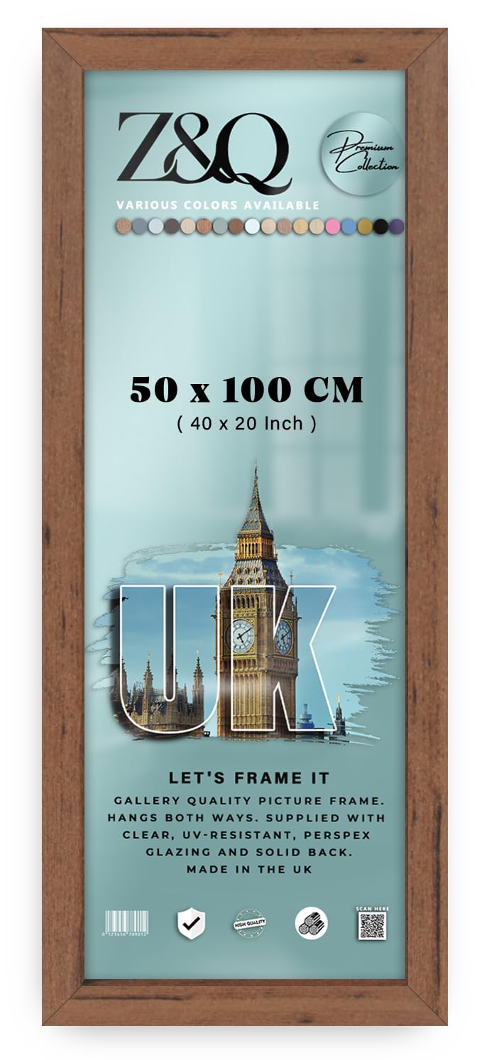 Z&Q Walnut | Vintage Mdf Poster Frame (50 X 100 Cm) Premium Wooden Texture, Classic Wall Display 40 X 20 Artistic Frame For Prints, 500 X 1000 Mm [ ]