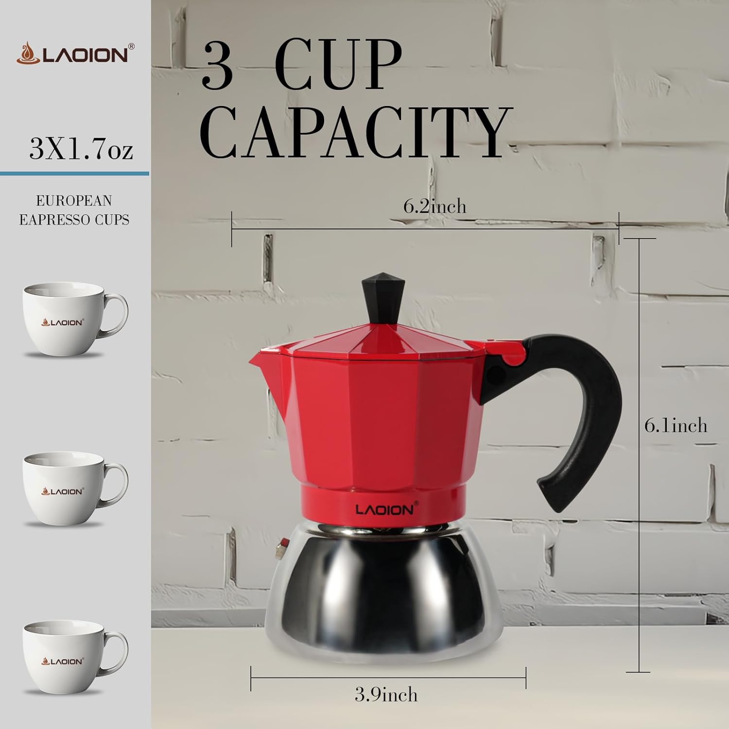 LAOION Stovetop Espresso Maker, 3Cup Moka Pot, Espresso Machine Compatible with Induction Cooktops, 150ml Stainless Steel & Aluminum Cuban Coffee Maker for Cafetera Cubana, Red