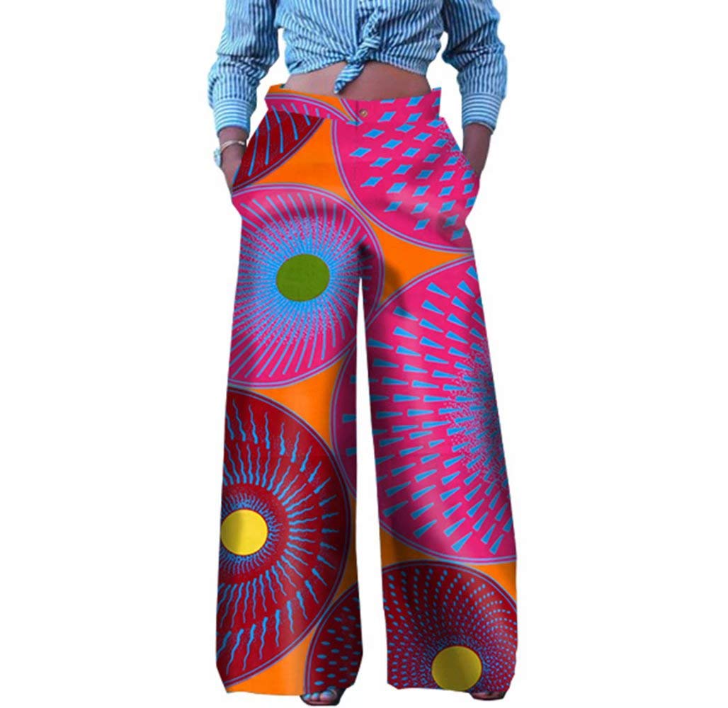 iooiooiWomen's Fashion Casual Plus Size African Print Cotton Wide Leg Pants with Pockets