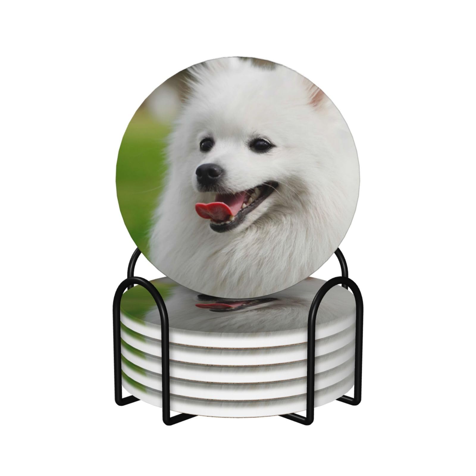 Yxdvpalne As Picture Japanese Spitz Pet Dog,Round Ceramic Coasters, Mugs Pad, Cups Mat Set Of 6 Drinks Coasters With Holder