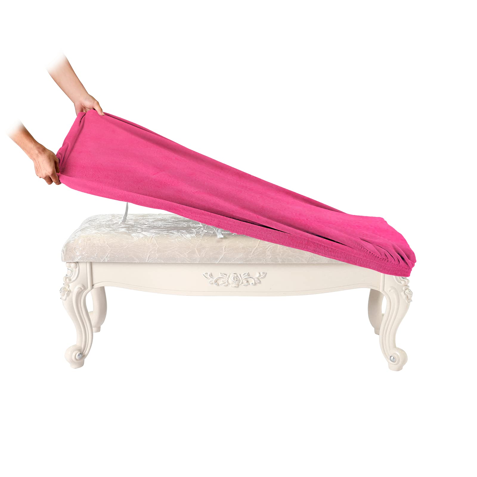 SINOSSO Soft Velvet Shoe Bench Cover, (36.5"- 48") L x (13.8"- 18") W Stretch Washable Dining Bench Upholstered Protector Rectangle Chair Slipcover, (L, Hot Pink)