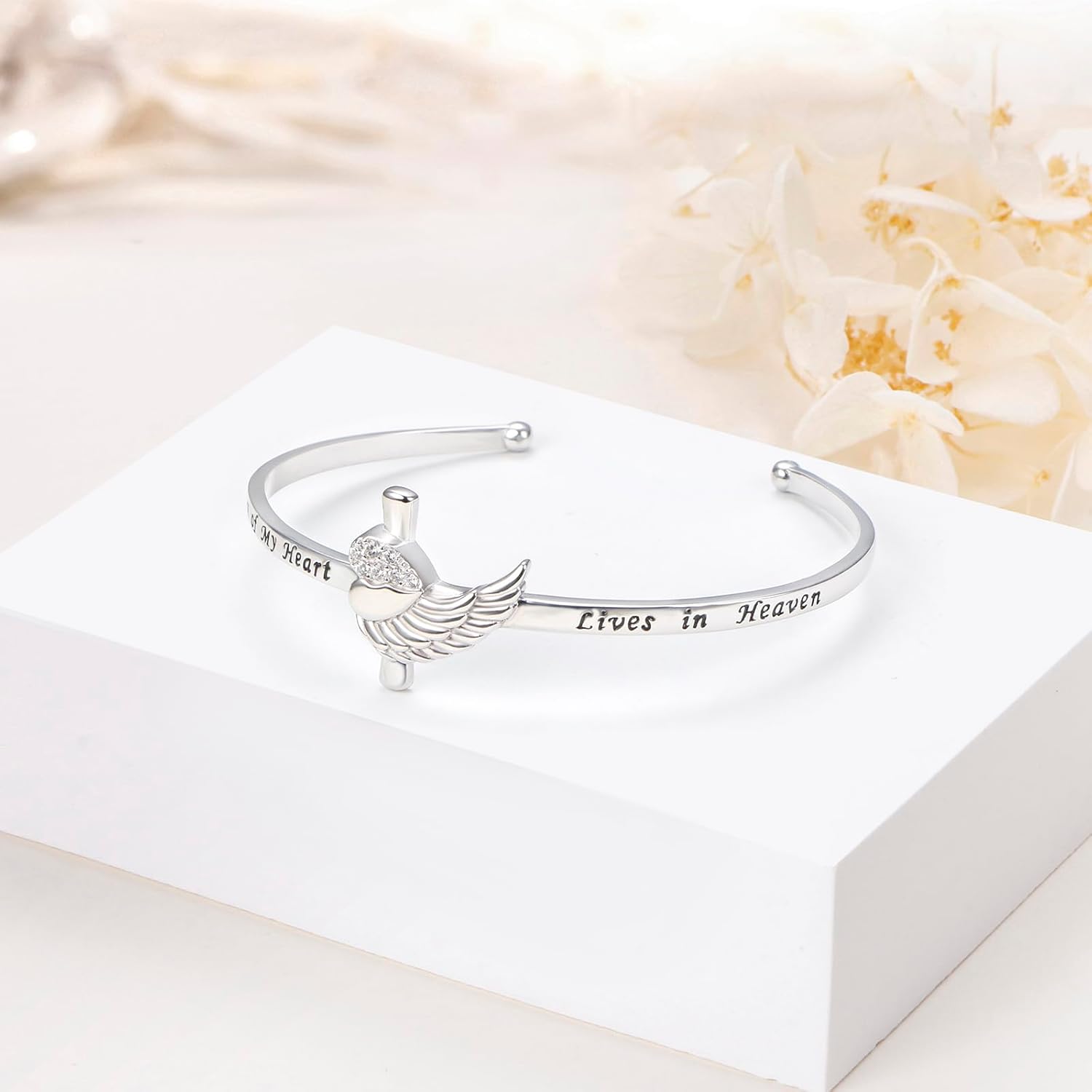 Ladytree Faith Over Fear Bracelet 925 Sterling Silver Memorial Christian Cross Angel Wing Bible Verse Engraved Adjustable Sympathy Religious Gift for Women - Image 4