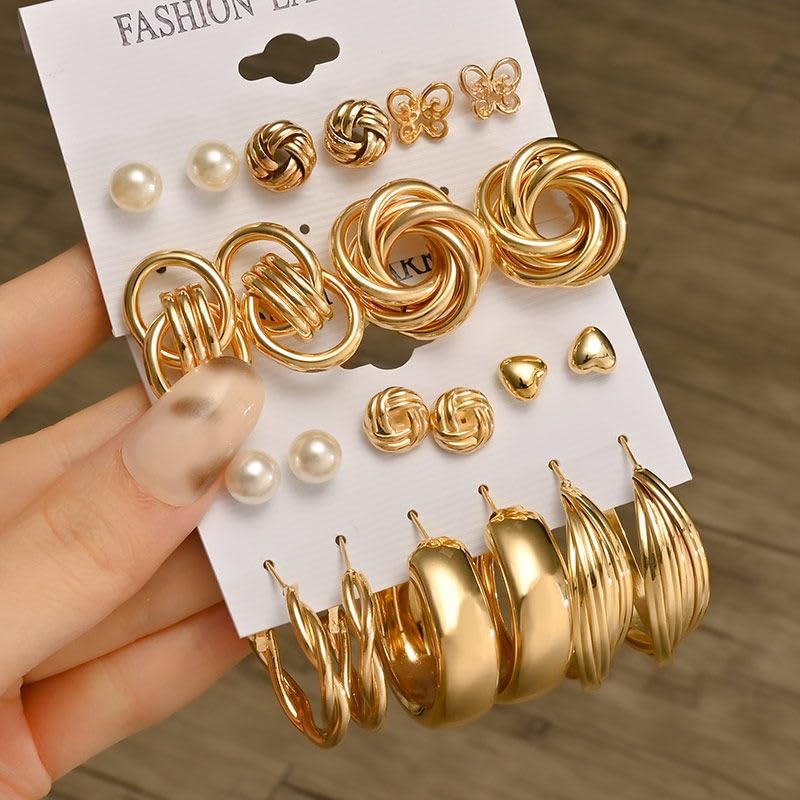 11pairs/Set Gold Earrings Set for Women, Fashion Pearl & Heart Decor Earrings, Multipack Hoop Earring Packs, Everyday Earrings for Women Birthday Party2