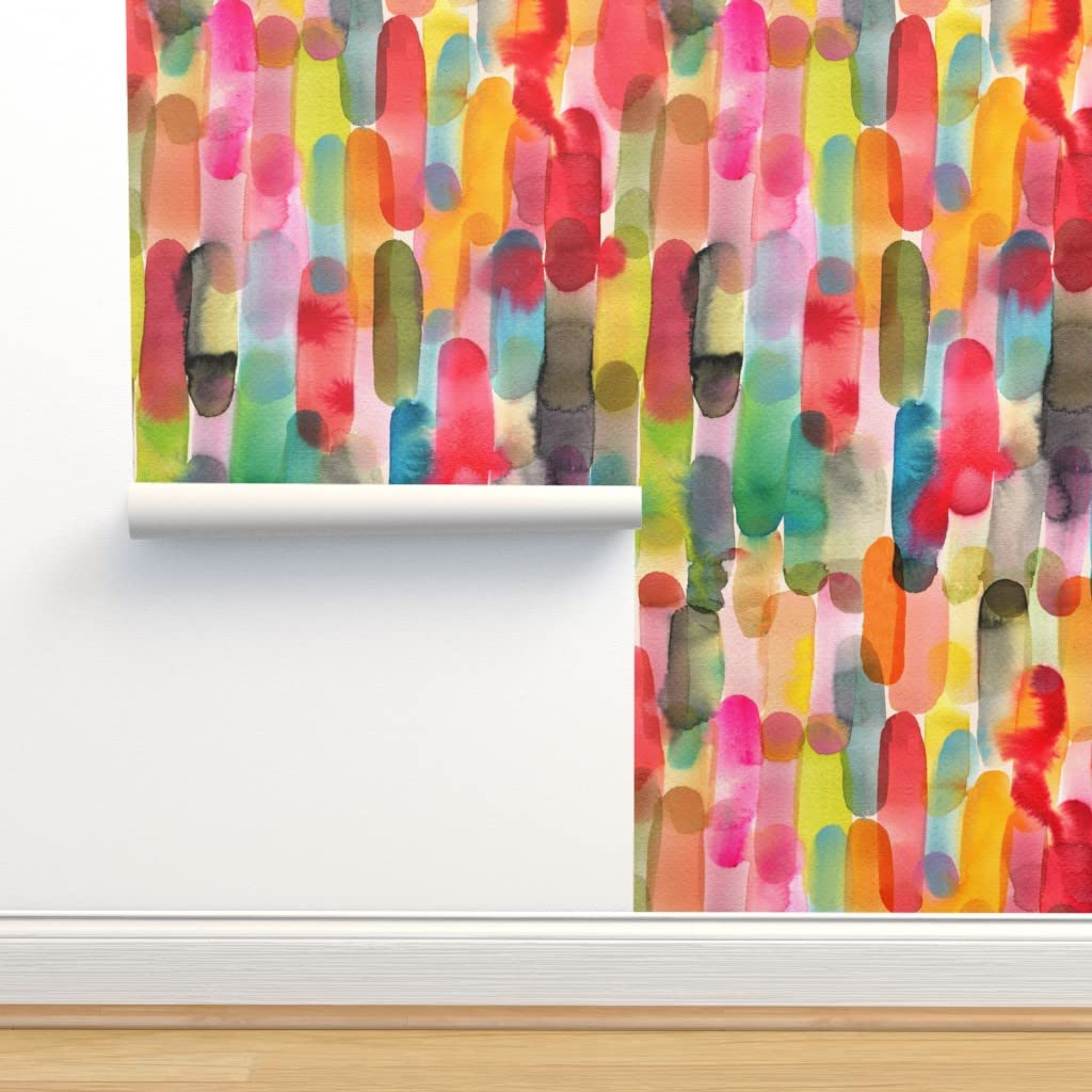 SpoonflowerPeel & Stick Wallpaper Swatch - Abstract Watercolor Stripes Psychedelic Multicolor Bright Colors Rainbow Custom Removable Wallpaper