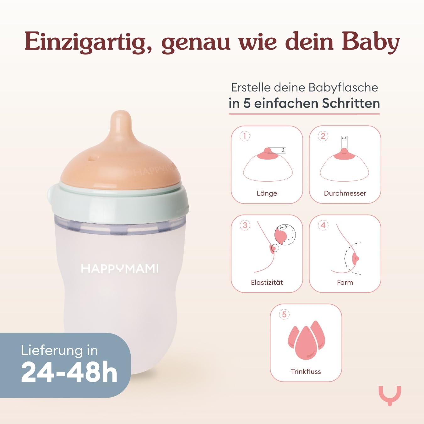 Happymami 2er Set Babyflaschen (Brustähnlich) - Baby Erstausstattung für Neugeborene - Personalisierbar & Anti-Kolik - Ideal für Zwiemilch, BPA-Frei (Rosa 150ml)