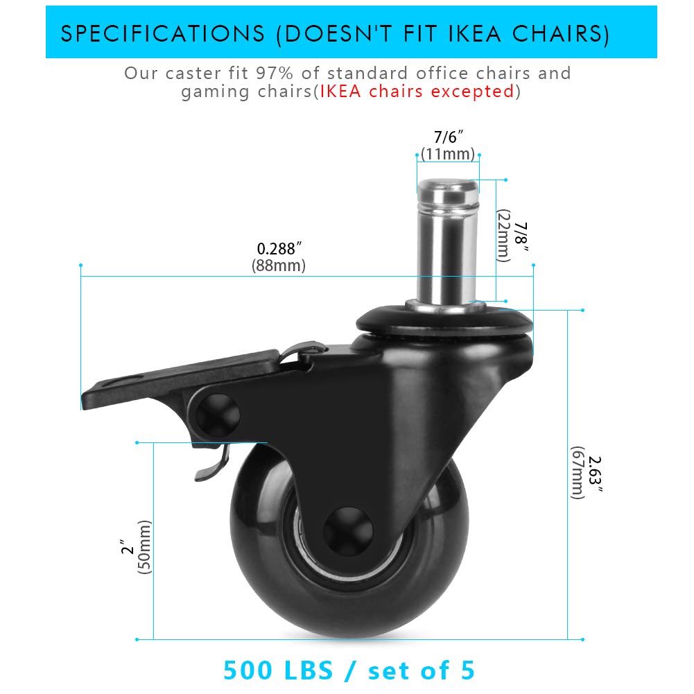 Hirate 5 Pack Office Chair Casters in 11mm Standard Stem(2 with Brakes) | 2" Lockable Heavy Duty Swivel Caster, Replacement Wheel Smooth Rolling for Hardwood Floor Carpet, Fit Most Home Desk Chairs