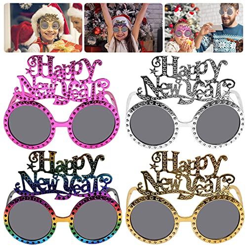 4 Stück Happy New Year Brillen, Neujahr Sonnenbrille, 2023 Glitzer Party Brille, Lustige Spaßbrille Neujahr Eyewear, Photo Booth Brille für Kostümparty Foto-Requisiten Silvester Party Supplies Cover