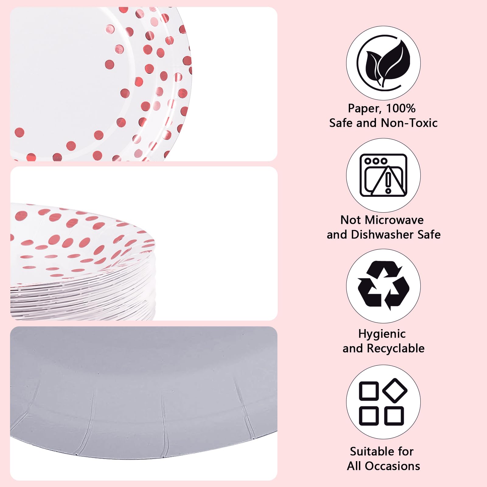 PYAILI Party Paper Plates, 50-Pack Disposable White and Rose Gold Plates, Foil Polka Dots, 18 Centimetres-7 Inch - Image 3