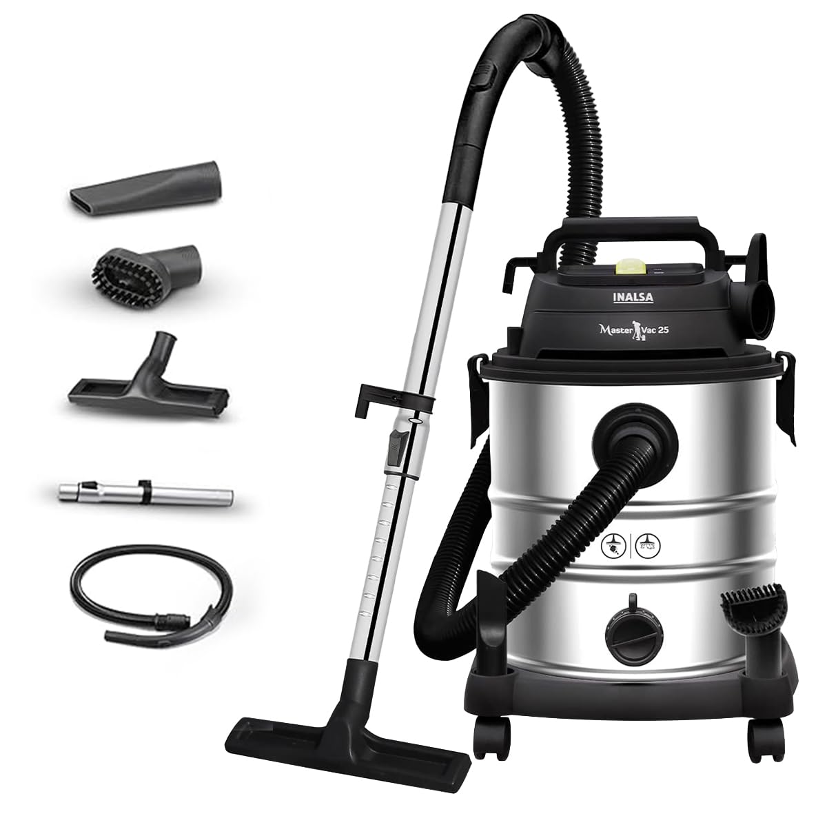 INALSA Vacuum Cleaner Wet and Dry Heavy Duty 1700 W & 25 Ltr Capacity|22KPA Suction|HEPA Filter & Metal Telescopic Tube|2 Year Warranty|SS Metal Tank|For Home,Office,Hotel Cleaning (Master Vac 25)