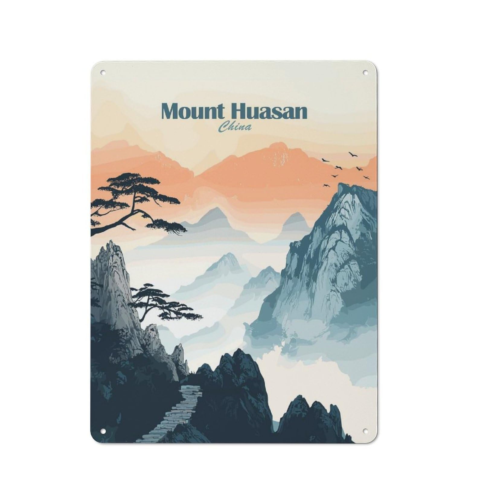 Junmoney Style-22 Tin Wall Plaque 40X30cm With Mount Huasan China Landscape For Bar Or Restaurant, For Hospitality Decor Collectors