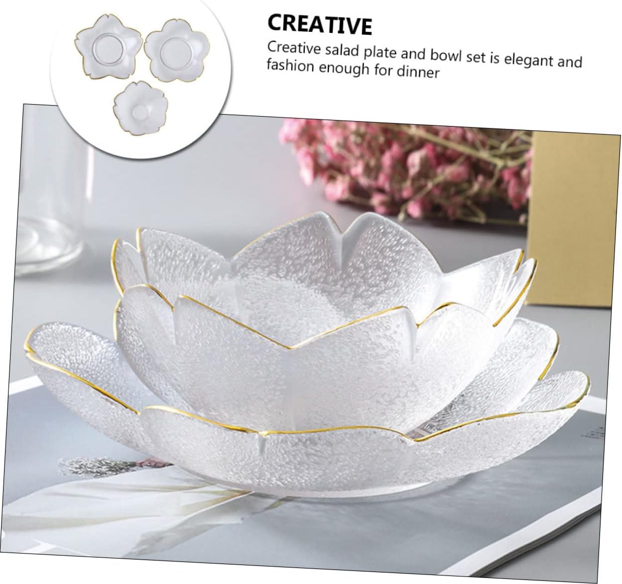 1set Premium Glass Tableware Set Trimmed Cherry Blossom Salad Plates Bowls Elegant Serving Dish for Fruits Snacks and Appetizers for Celebrations Home Entertaining