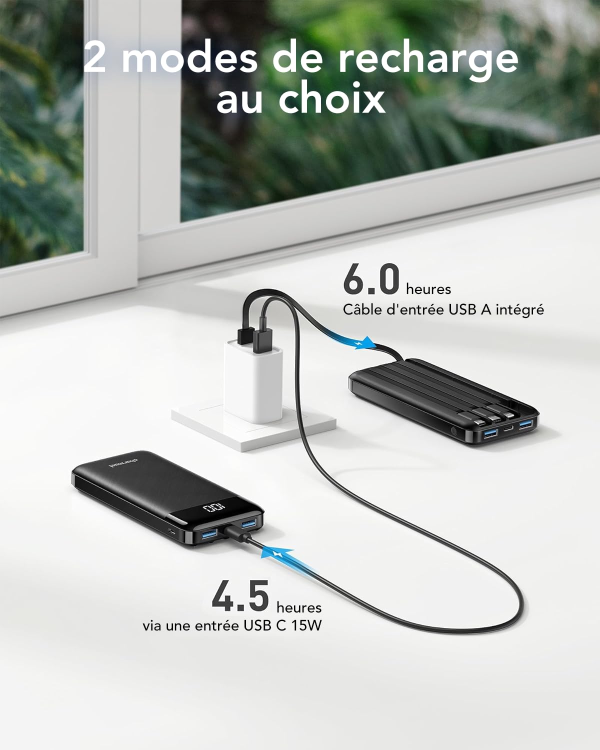 Charmast Batterie Externe, 10000mAh Power Bank avec 4 Câbles Intégrés, USB C Mince Batterie Portable Compatible avec iPhone 17/16/15, AirPods, iPad, Samsung etc