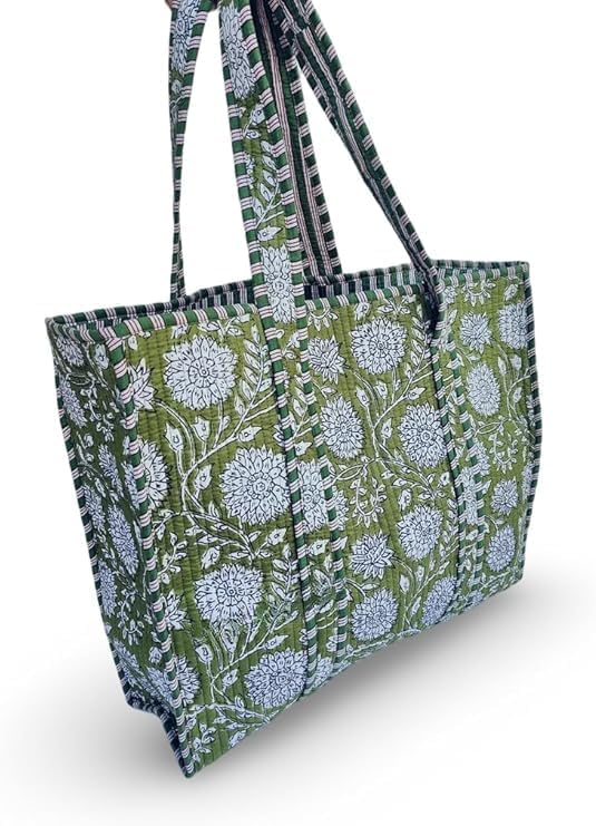 Cotton Floral Block Print Tote Bag Handmade Indian Shoulder Bag, Qiulted Market Shopping Bag - Image 2
