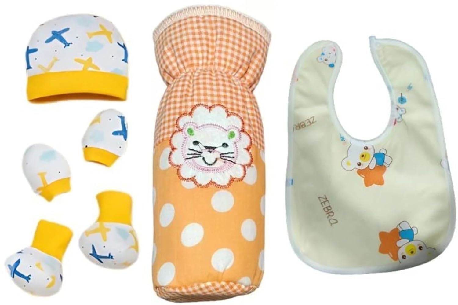 Baby Gift Set, Cap, Mittens, Booties, Bottle Cover and Bib, Newborn Essentials, 5-Piece Combo-image-6