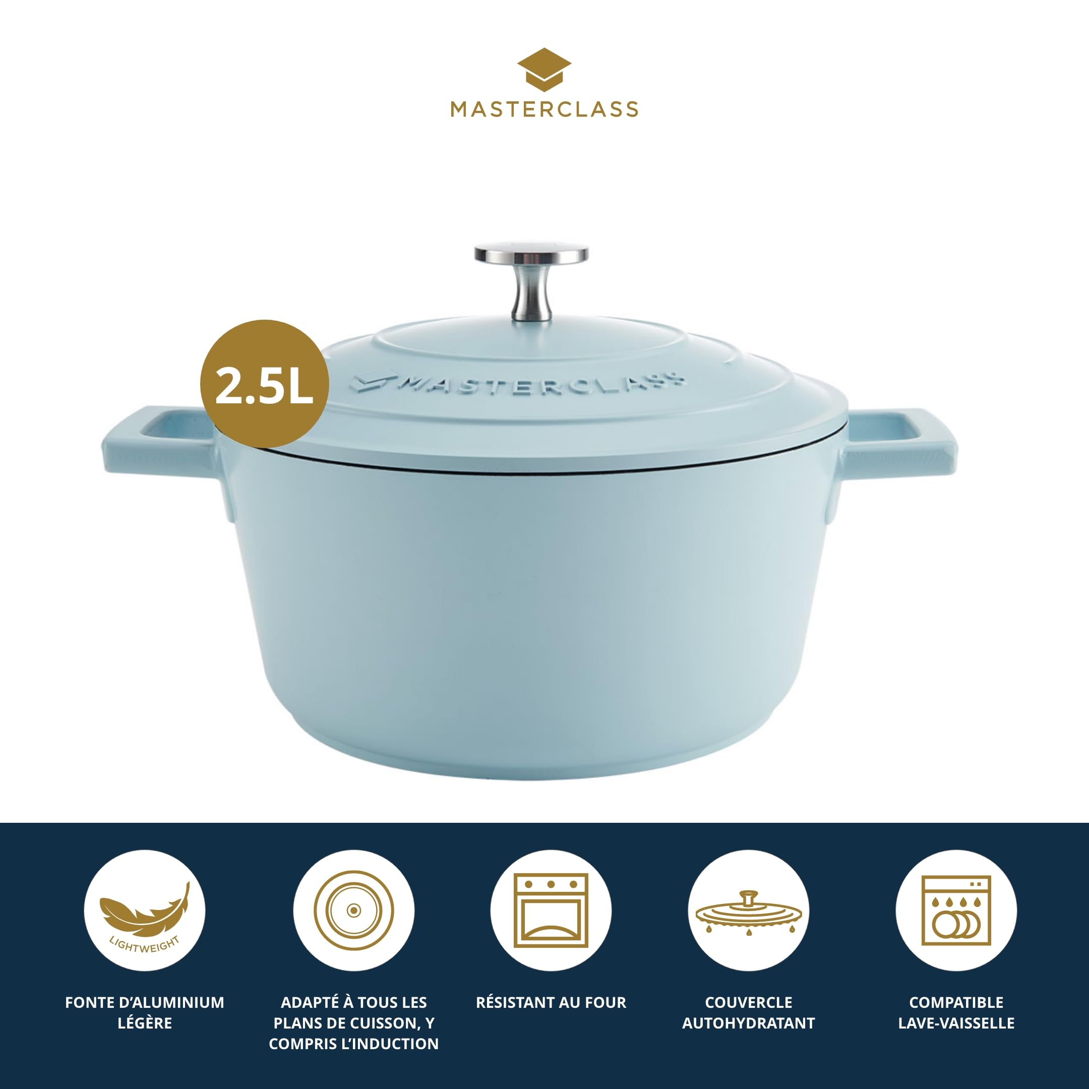 La cocotte MasterClass 2.5L/20cm en aluminium moulé léger, idéale pour une cuisine polyvalente.