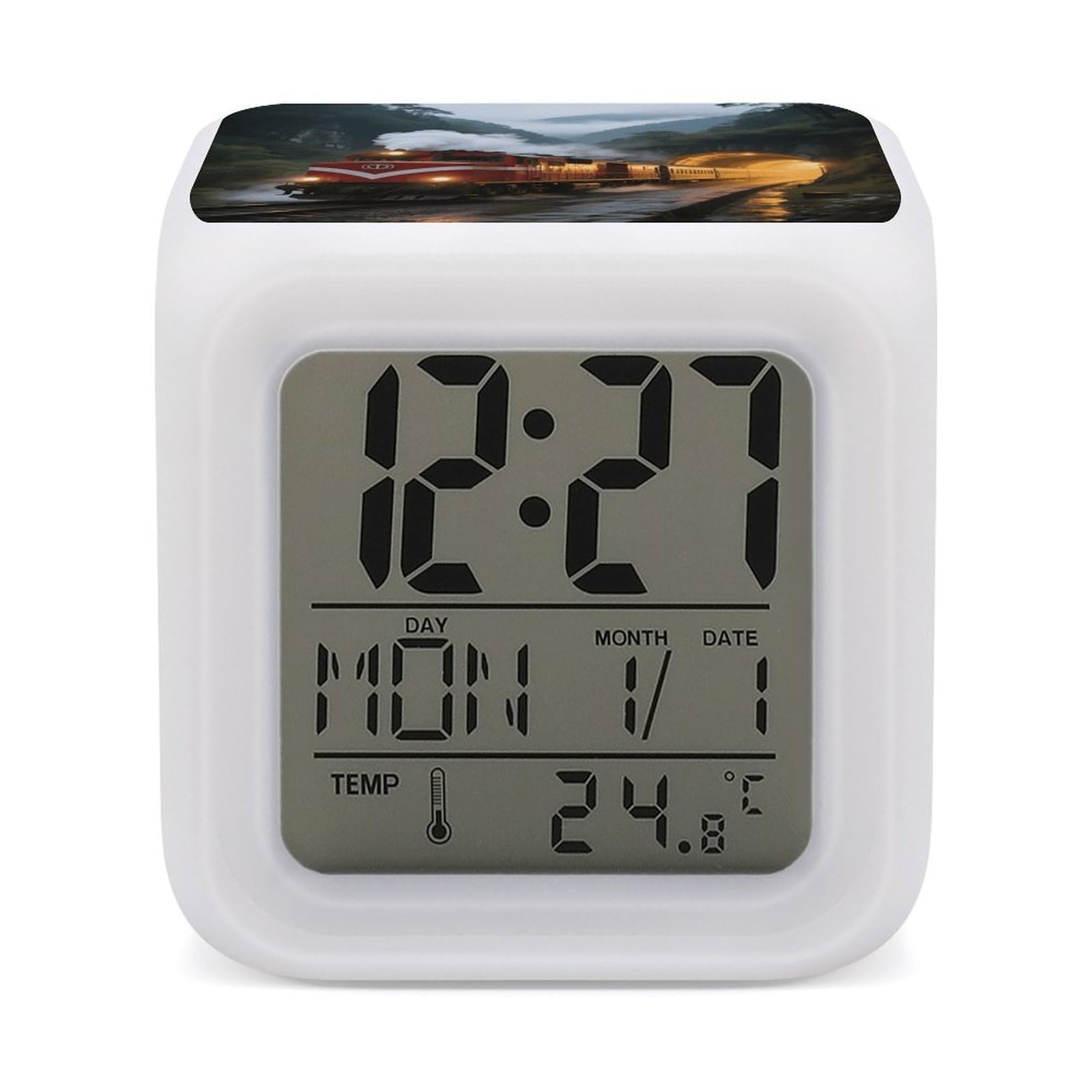 DWVTSLH Train Alarm Clock with 7 Color Changing Night Light, Wake Up Digital Clock for Bedroom, Bedside Cube Clock with Date, Temperature, Battery Operated Desk Clock Gift