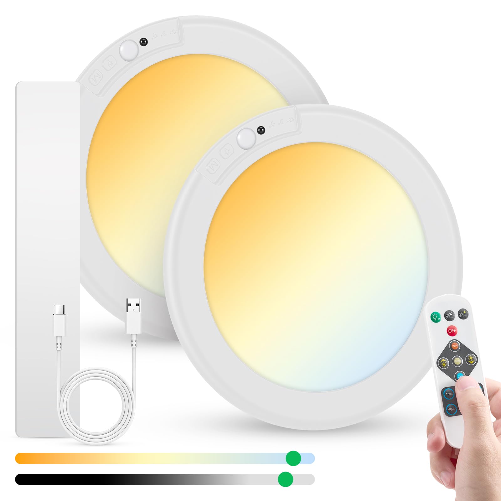 Motion Sensor Closet Light Rechargeable Battery Operated Ceiling Light | 2 Pack Magnetic Wireless Under Cabinet Lighting Waterproof Shower Light Dimmable for Bathroom Pantry Laundry