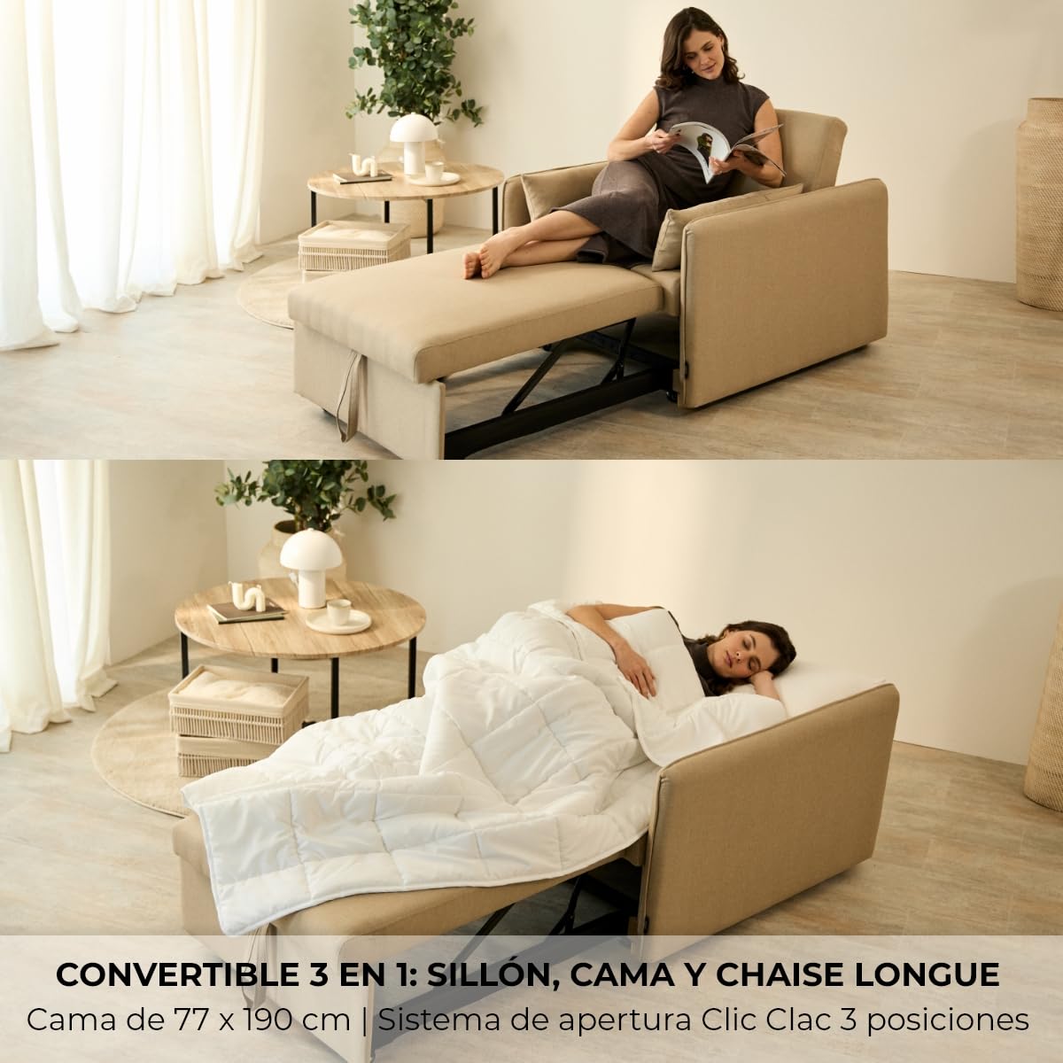 Nalui-Sofá Cama 1 Plaza 3 en 1 Nest 1 93x100x79cm con 3 Posiciones y 2 Almohadas (55x20cm). Sofá Cama Individual, Soporta hasta 200Kg. Sillón Cama Reclinable con Reposabrazos, Beige