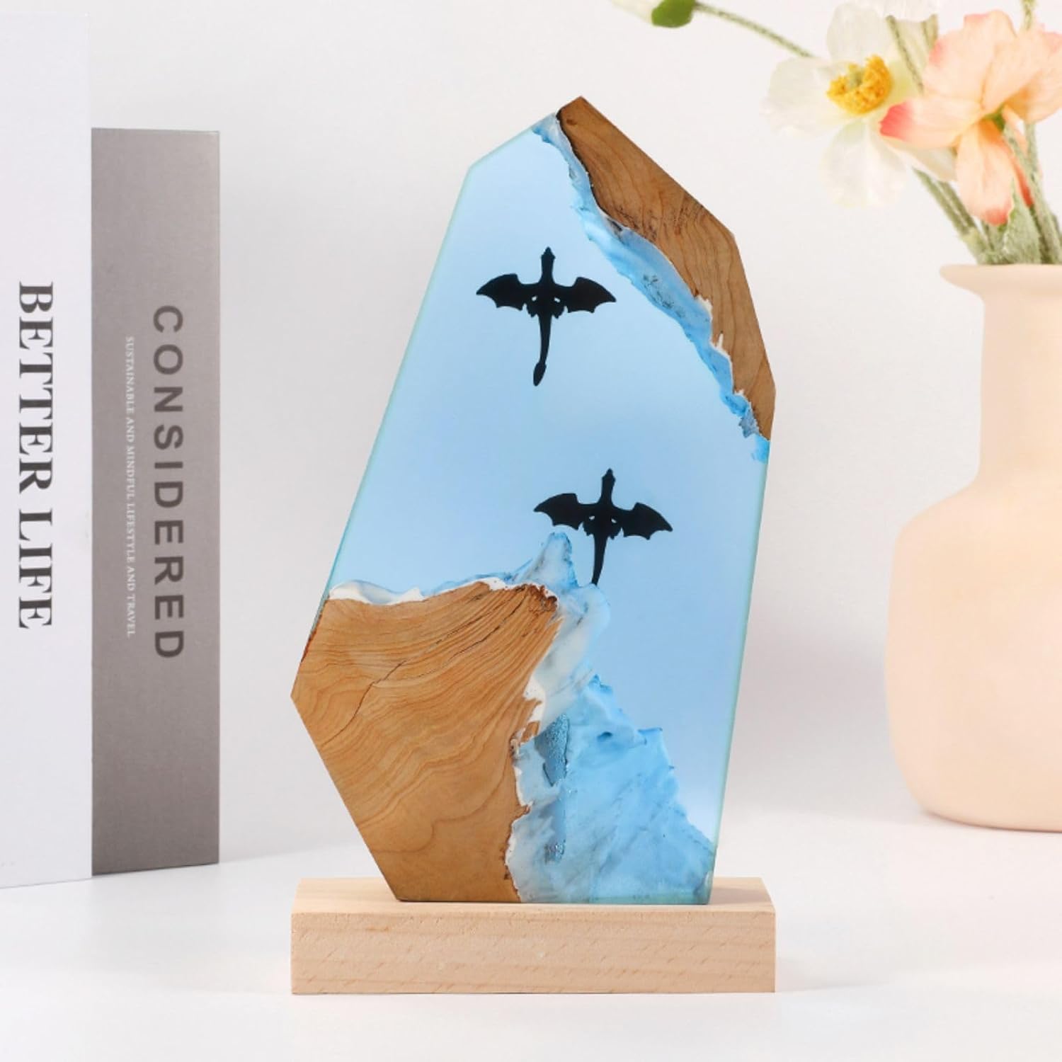 Creative Epoxy Resin Wood Light Lamp, Handmade Sea Diver Enthusiasts Led Lights Night Light,Deep Sea Cave Diving Nightlight, Aquatic Ocean Lamp Men's Desktop Decor Gift (Whale and Sea)