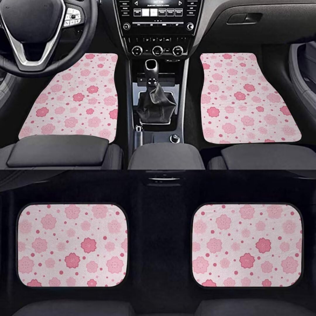 Pink Flowers Print Pink Car Floor Mats for Most Cars Sedan SUV Truck,All Weather Front & Rear Automotive Floor Mats,4 Pieces