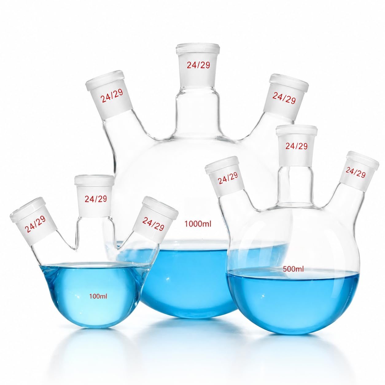 VIDOO Kolba Okrągłodenna Trójszyjna ze Szkła Borokrzemowego 3.3, Laboratoryjna Kolba Grzewcza do Chemii z 24/29 29/32 24/29 Szlifami, 5000ml