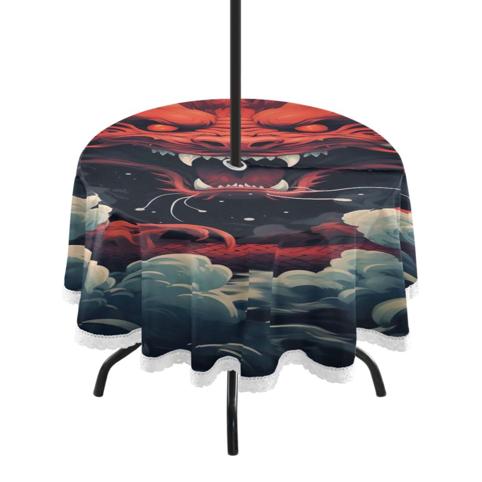 Wajiw 60 Inch Indoor Outdoor Round Tablecloth with Umbrella Hole and Zipper Waterproof Patio Table Cover for Camping Dining Room Party Outdoor Picnic,Dragon