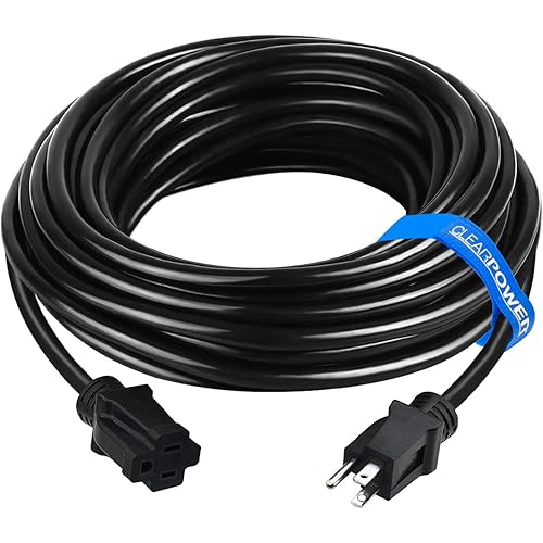 Clear Power 50 ft Heavy Duty Outdoor Extension Cord 12/3 SJTW, Black, Water & Weather Resistant Flame Retardant, 3 Prong Grounded Plug, DCOC-1145-DC
