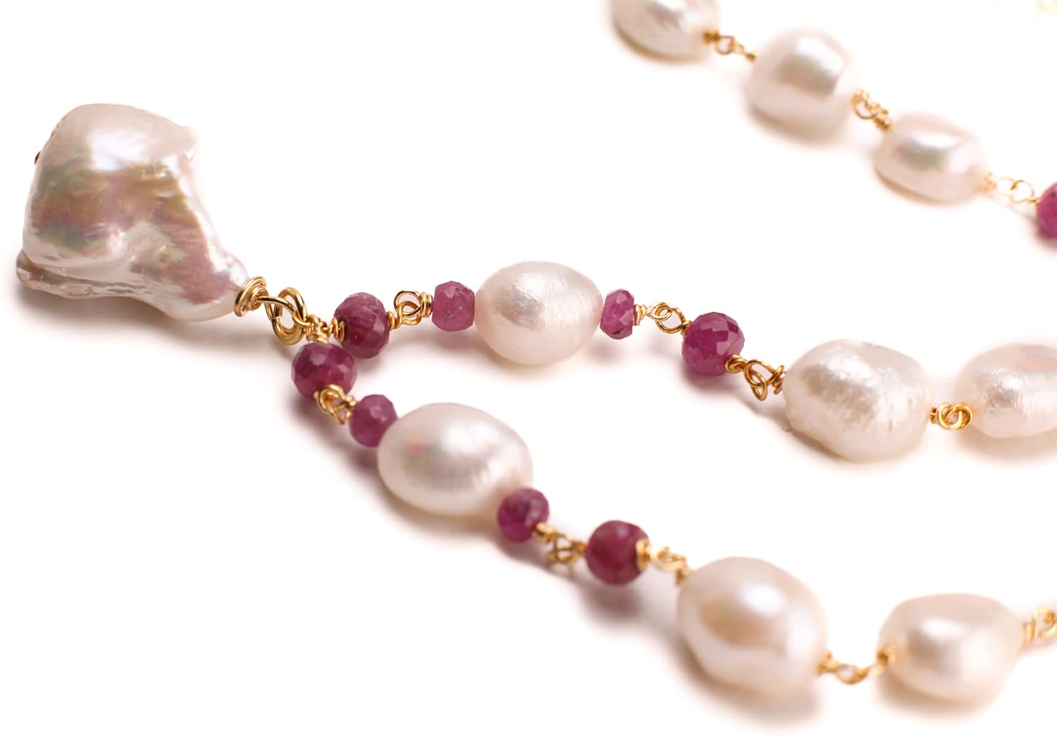 Genuine Freshwater Baroque Pearl, Ruby Faceted Rondelle Spacers, 25mm Baroque Pearl Pendant 14K Gold Filled Necklace 18" with 2" Extender - Image 2