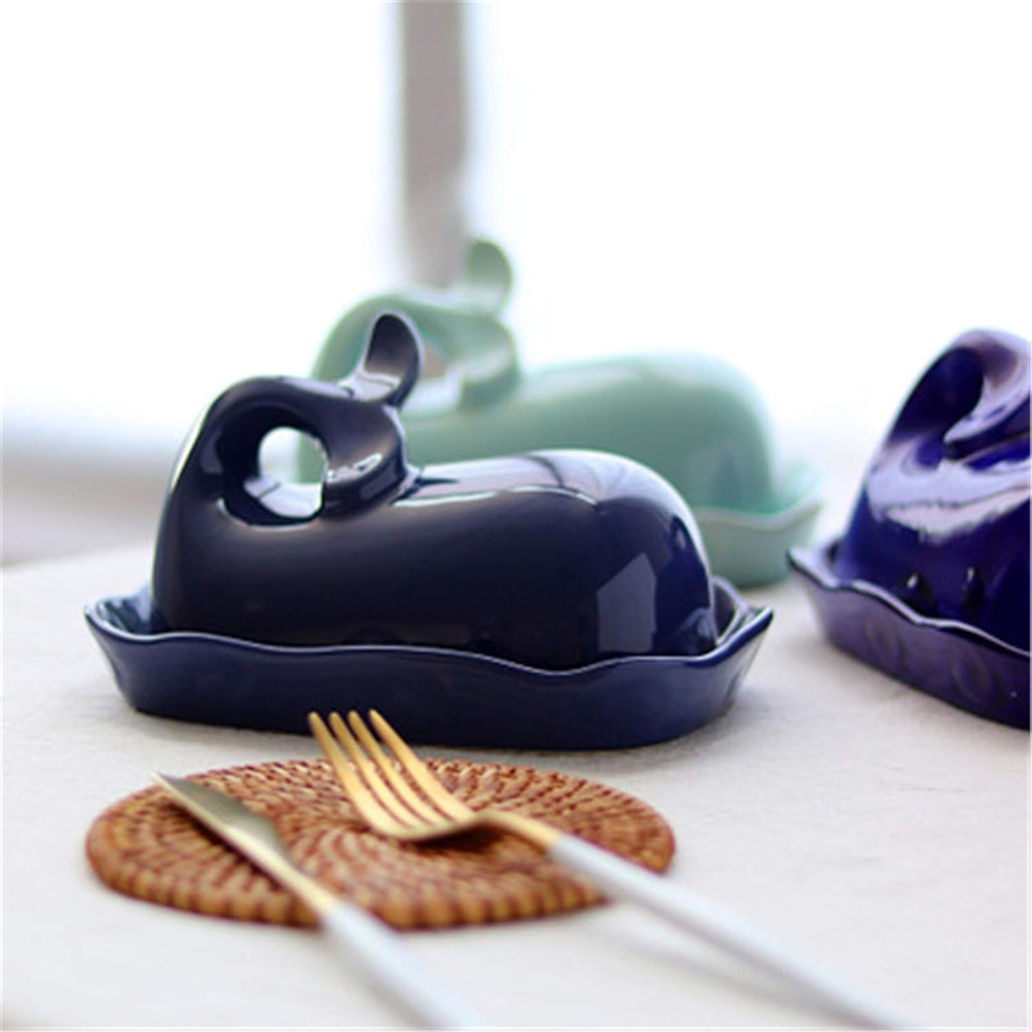 Butter Dishes Pasta Plate Whale Western Food Plate Covered Ceramic Butter Butter Plate Small Pastry Plate Easy to Clean (Color : Navy blue, Size : 18x12x2.5cm)