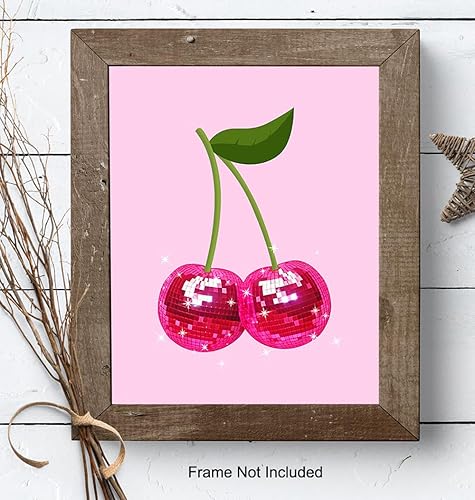 Miniatura 8 de Arte de pared retro de moda y decoración, póster de decoración del hogar con bola de disco de cerezo, arte de pared de sala de estar rosa,
