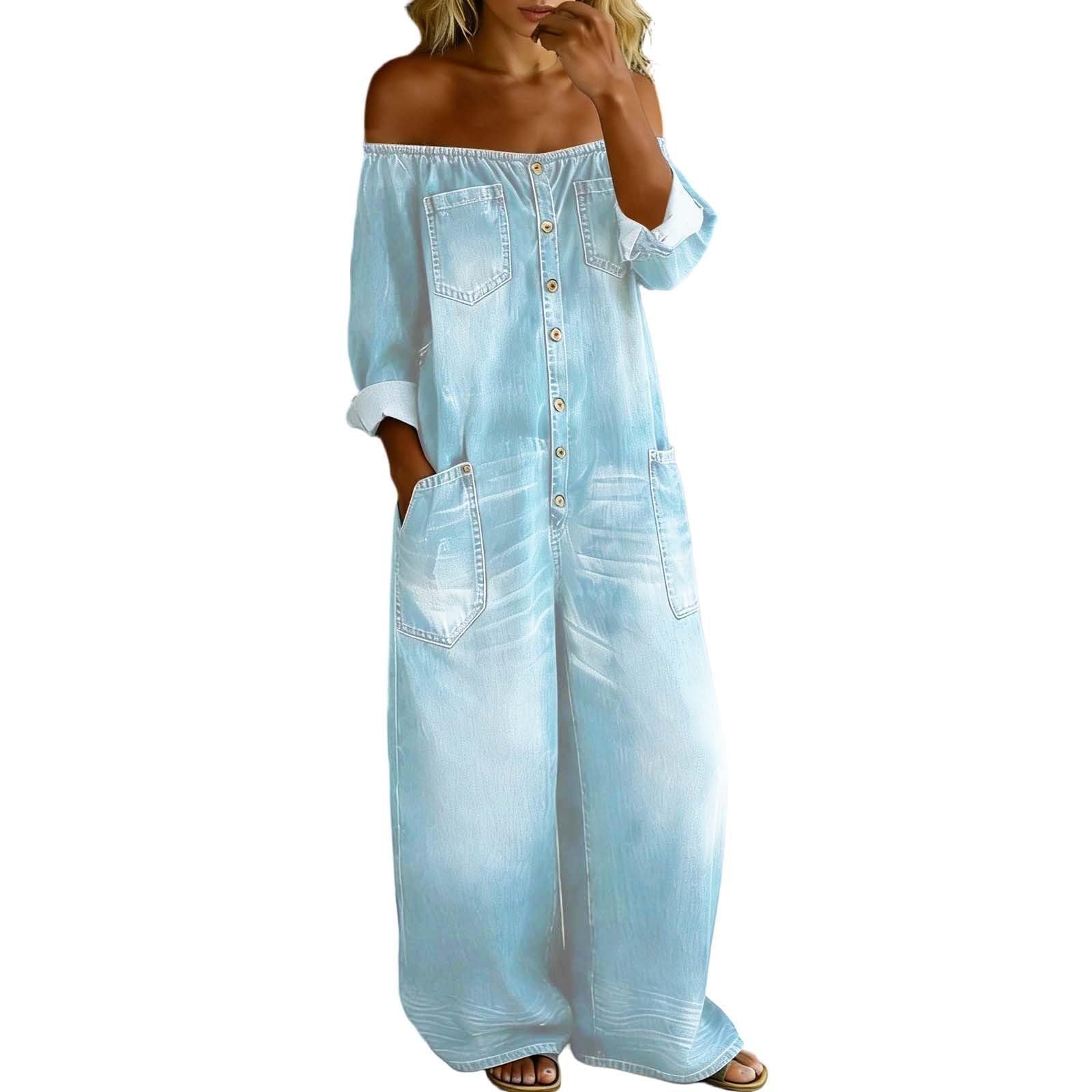 Generisch Mono para mujer de manga larga - Mono con hombros descubiertos, pierna ancha, con botones, pantalones vaqueros de una pieza, holgados, para el trabajo
