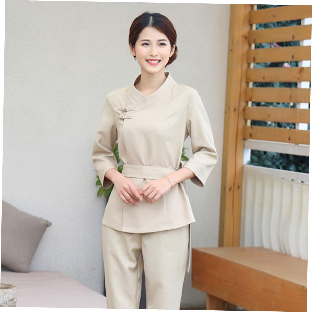 UKCOCO Mono Técnico Belleza y Uniforme Salón SPA Beige, Algodón Duradero, Diseño Ajustable, para Esteticista Mujer En SPA y Salón, Talla XXXL, Set 2 Piezas, Ropa De Trabajo Funcional