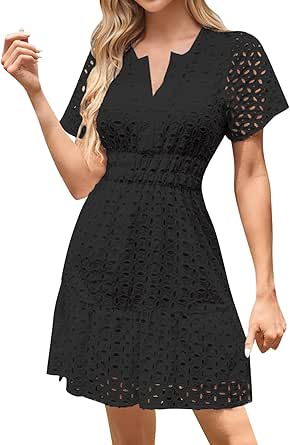 Womens V Neck Short Sleeve A Line Hollow Out Lace Ruffle Short Dress