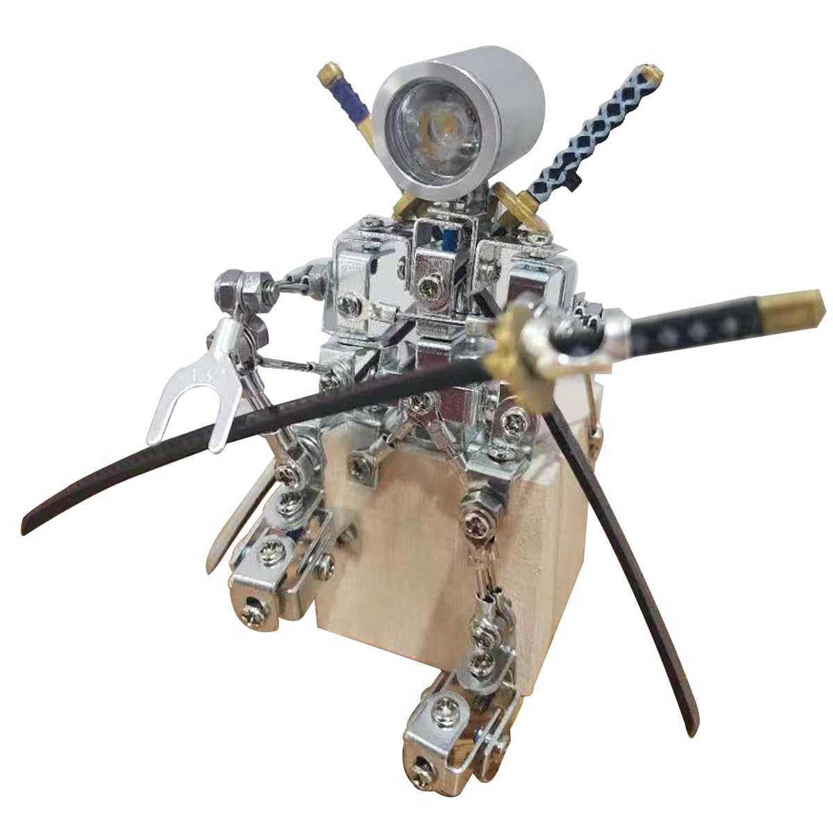 Quibuilds Steampunk Samurai Robot Model with Illuminated Head & Crossed Katanas, High-End Metallic Build, Precision Craftsmanship, Desk Decor for Office, Gaming Room, Gift for Adult Collectors