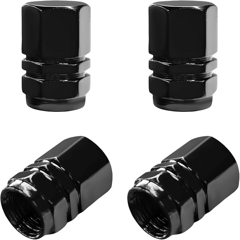 4PCS Car Tire Valve Stem Caps, Aluminum Alloy Leak-Proof Wheel Valve Covers with O Rubber Seal, Universal Heavy Duty Hexagon Shape Tyre Accessory for SUVs Trucks Motorcycles (Black)